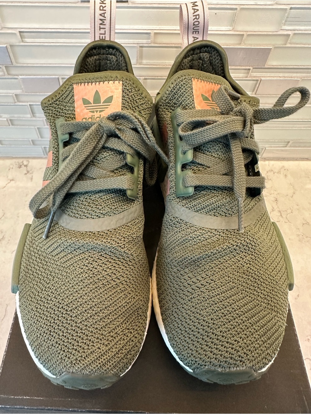 Women’s Size 7.5 Adidas Original NMD1 Olive Green & Rose Gold Knit Sneakers